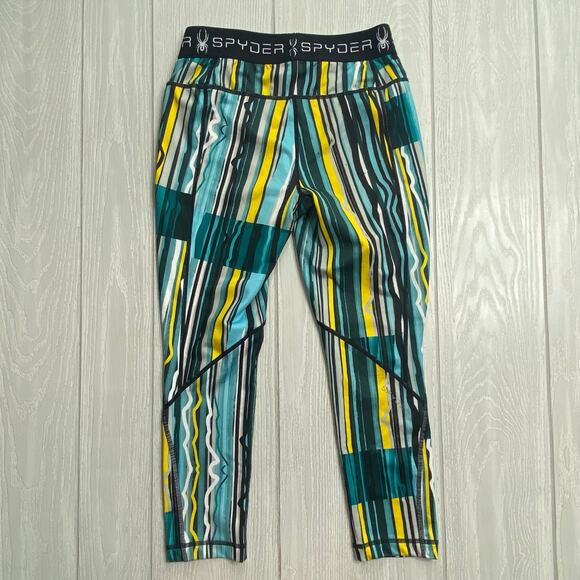 Spyder Blue Green & Yellow Freeze Stripe Print Slash Capri Leggings Size Small - Picture 2 of 11